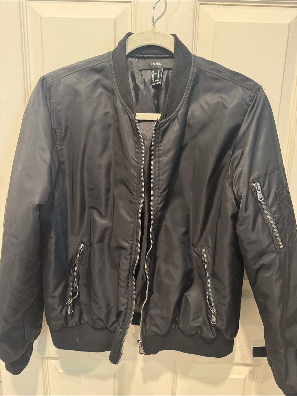 Forever 21 Men's Black Bomber Jacket with Zip Pockets